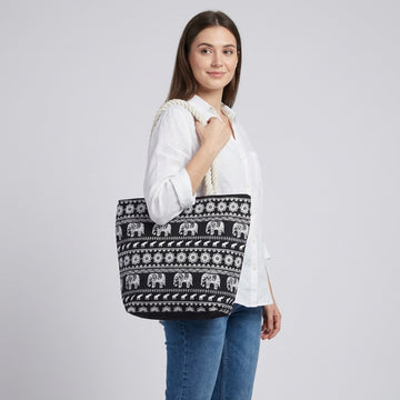 Premium Elephant Print Black Canvas Tote Bag | Eco-Friendly Reusable Shoulder Shopping Bag(Buy 2 Get 1 Free)