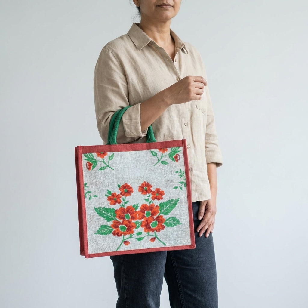 Floral Print Jute Shopping Tote Bag with Soft Handles | Eco-Friendly Reusable Carry Bag for Women