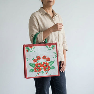 Floral Print Jute Shopping Tote Bag with Soft Handles | Eco-Friendly Reusable Carry Bag for Women