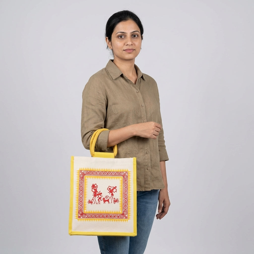 Warli Art Jute Tote Bag | Eco-Friendly Reusable Shopping &amp; Everyday Carry Bag
