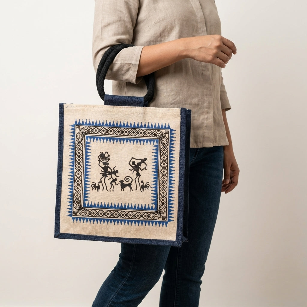 Warli Art Jute Tote Bag | Eco-Friendly Reusable Shopping &amp; Everyday Carry Bag