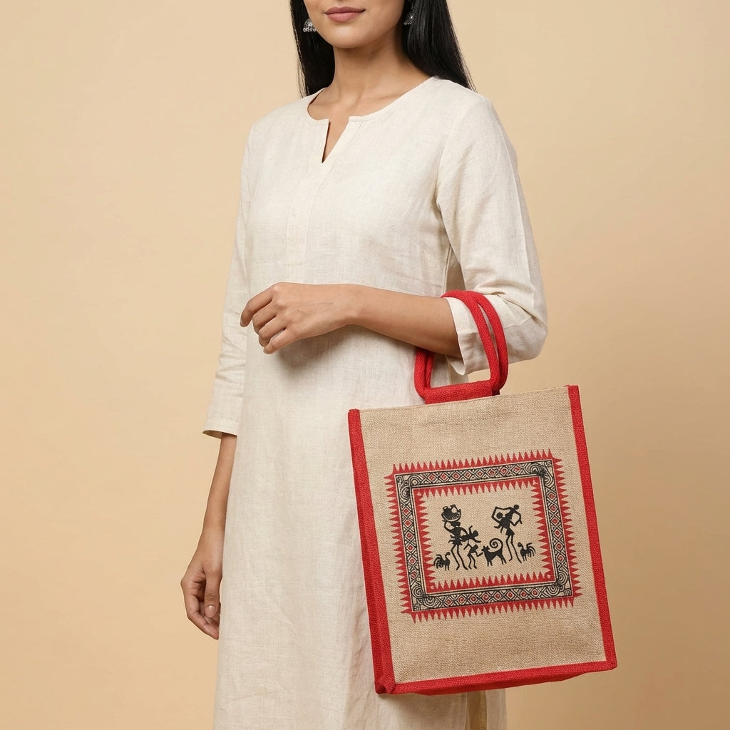 Warli Art Jute Tote Bag | Eco-Friendly Reusable Shopping &amp; Everyday Carry Bag