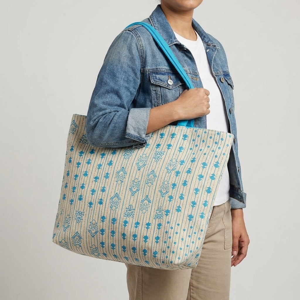 Printed Canvas Tote Bag – Blue Floral Stripe Design
