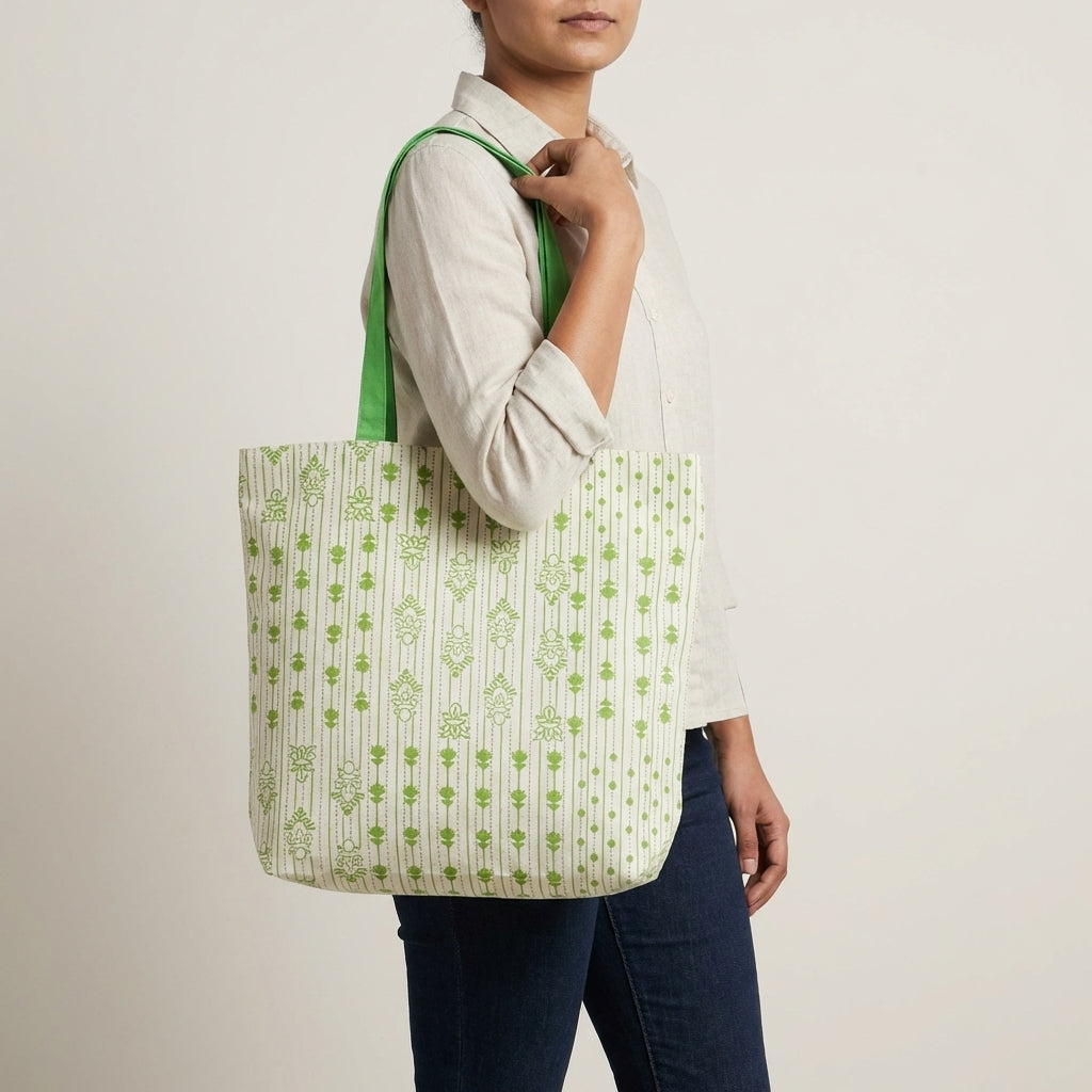 Printed Canvas Tote Bag – Blue Floral Stripe Design