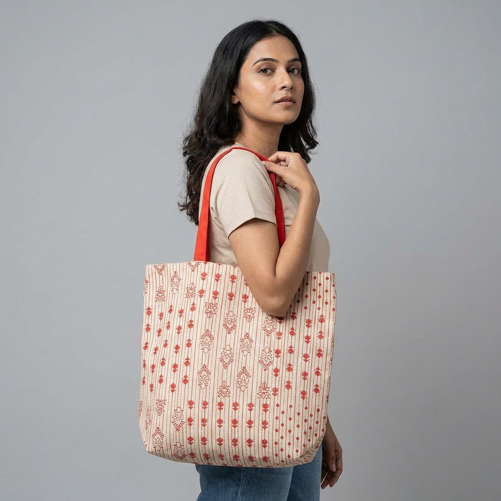 Printed Canvas Tote Bag – Blue Floral Stripe Design