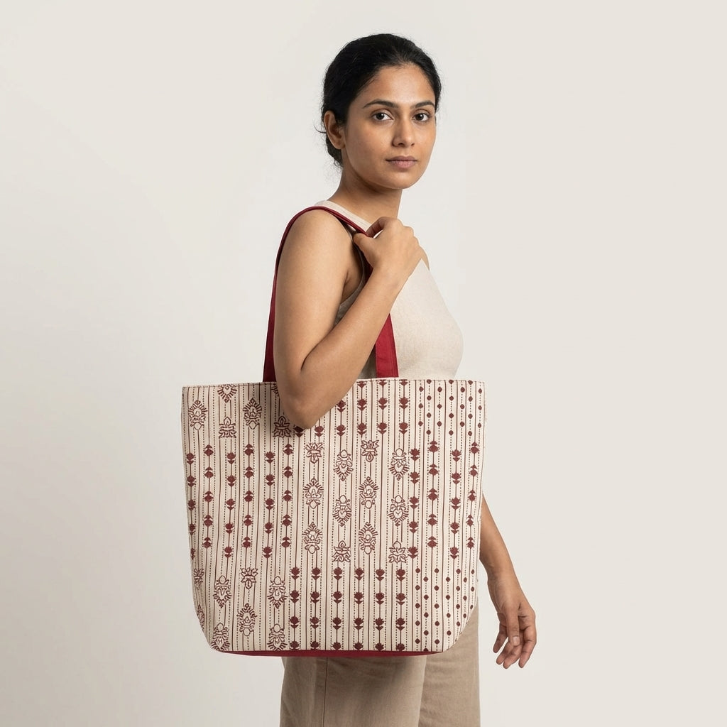Printed Canvas Tote Bag – Blue Floral Stripe Design