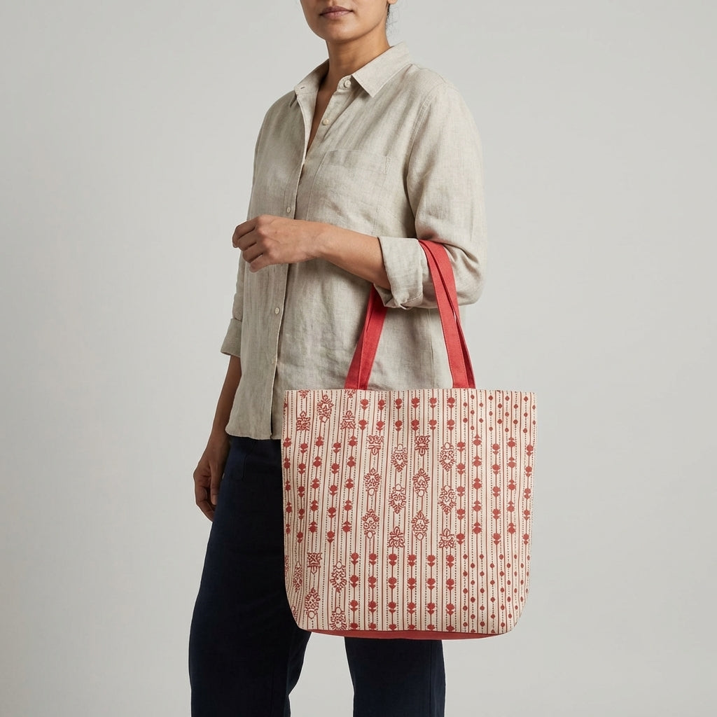 Printed Canvas Tote Bag – Blue Floral Stripe Design