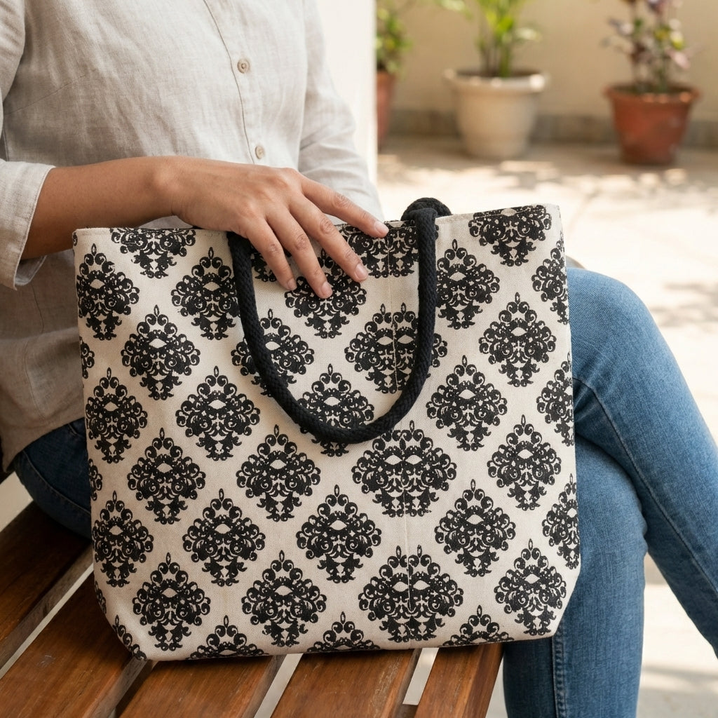 Printed Canvas Tote Bag – Elegant Black Floral Design