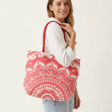Elegant Red Mandala Printed Canvas Tote Bag | Reusable Shopping & Everyday Carry Bag