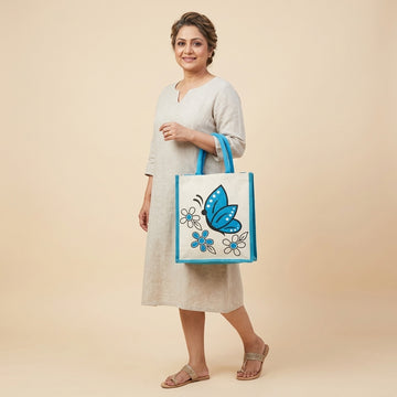 Blue Butterfly Printed Canvas Tote Bag with Zip Closure