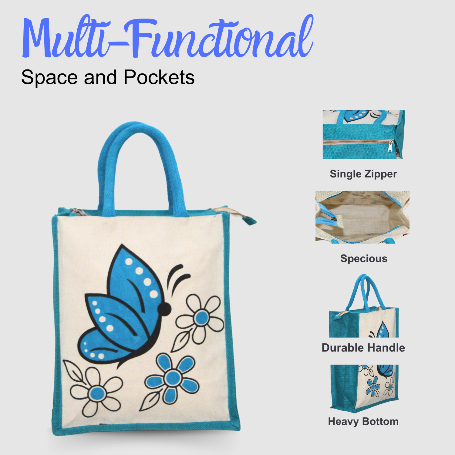 Blue Butterfly Printed Canvas Tote Bag with Zip Closure