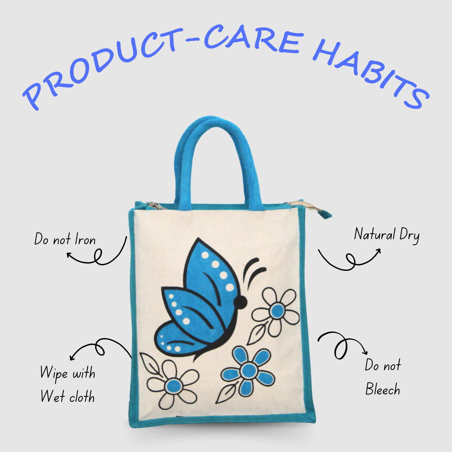 Blue Butterfly Printed Canvas Tote Bag with Zip Closure