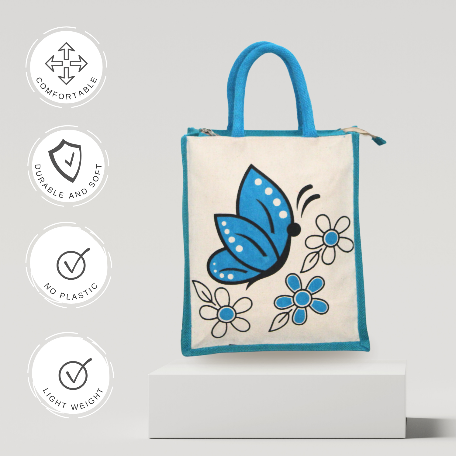 Blue Butterfly Printed Canvas Tote Bag with Zip Closure