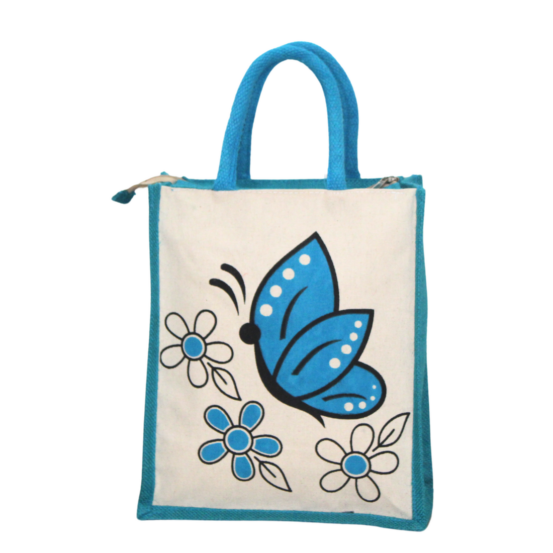 Blue Butterfly Printed Canvas Tote Bag with Zip Closure
