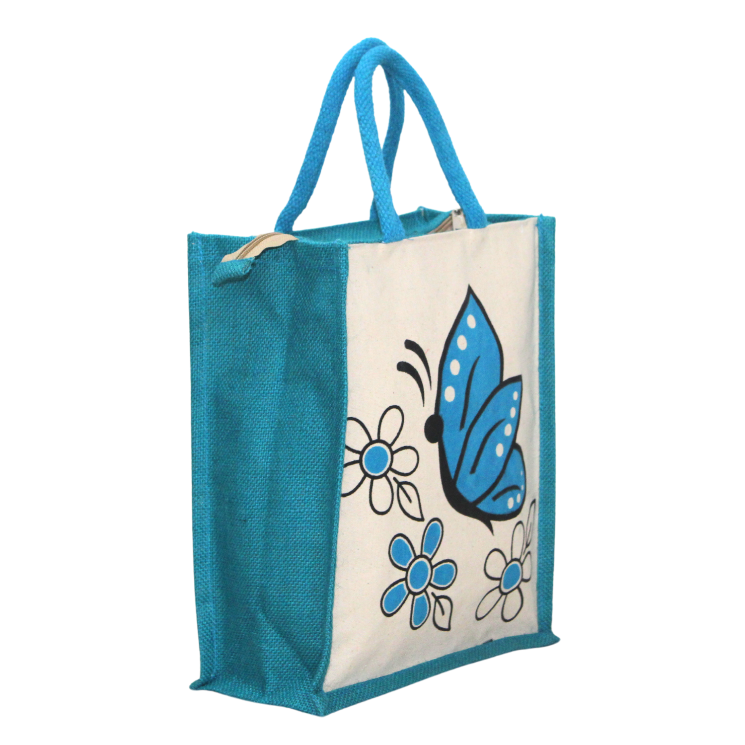 Blue Butterfly Printed Canvas Tote Bag with Zip Closure