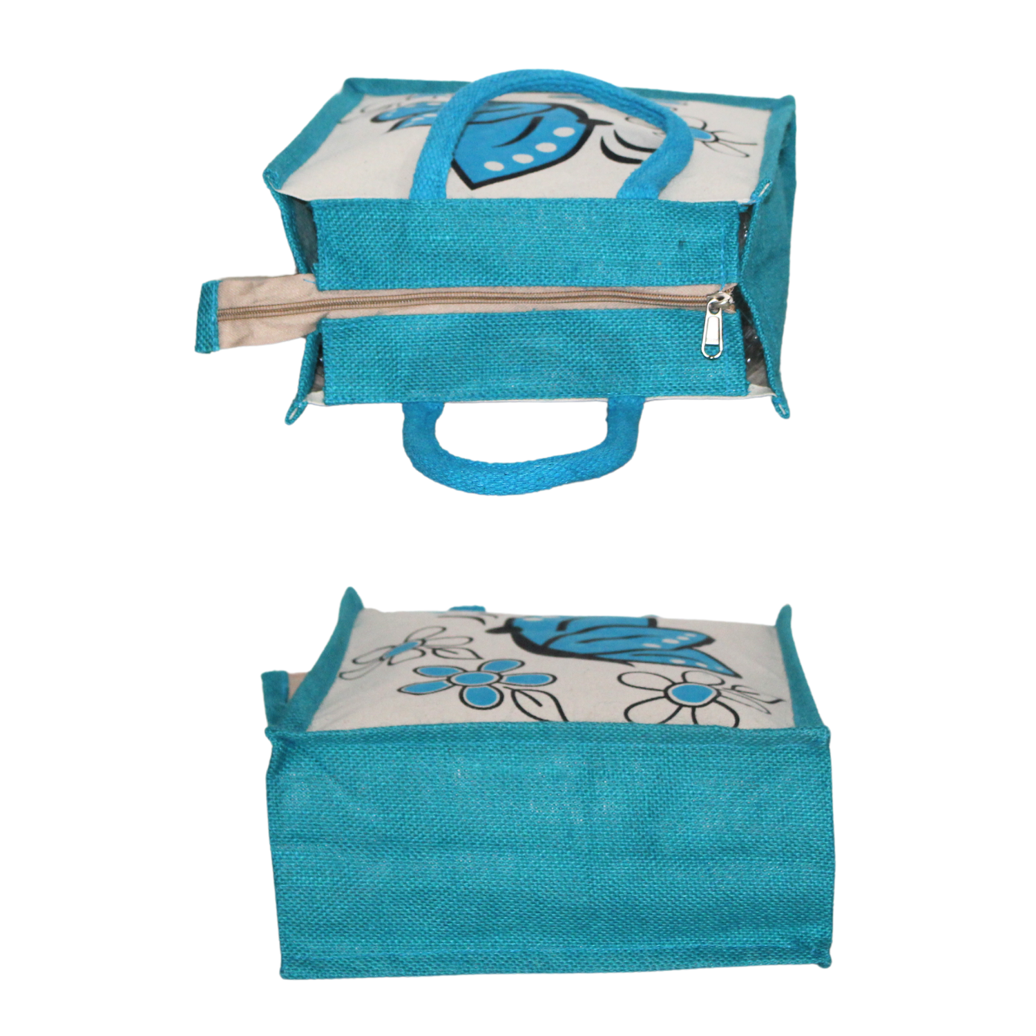 Blue Butterfly Printed Canvas Tote Bag with Zip Closure
