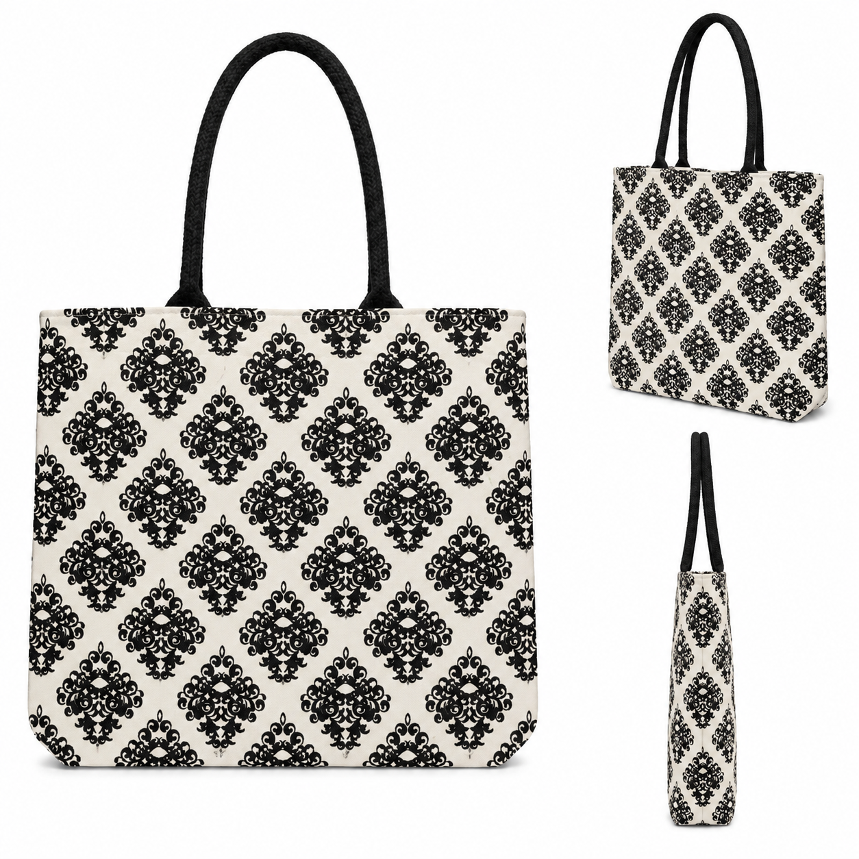 Printed Canvas Tote Bag – Elegant Black Floral Design