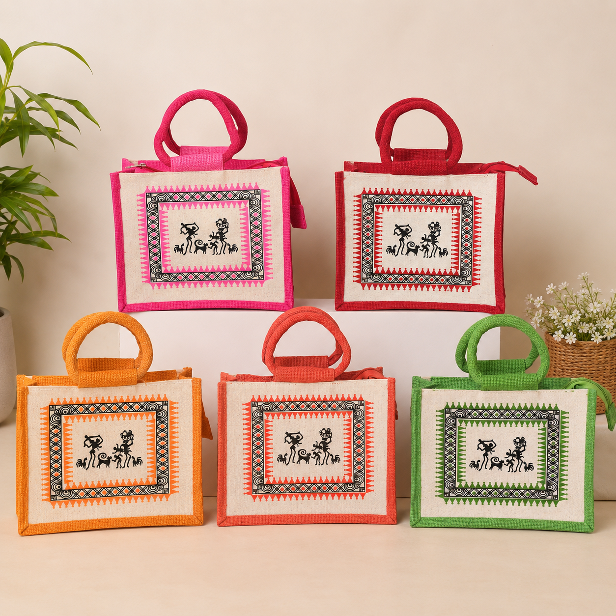 Tribal Print Canvas Gift Bag with Zip | Eco-Friendly Handmade Tote | Multi-Color Options ( Pack of 5)