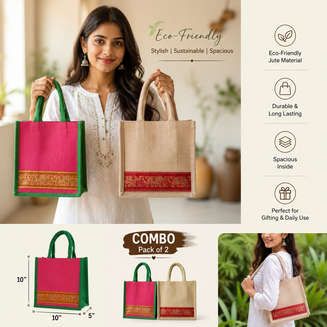 Eco Heritage Jute Tote Bag Combo – Pack of 2 | Reusable Gift & Shopping Bags