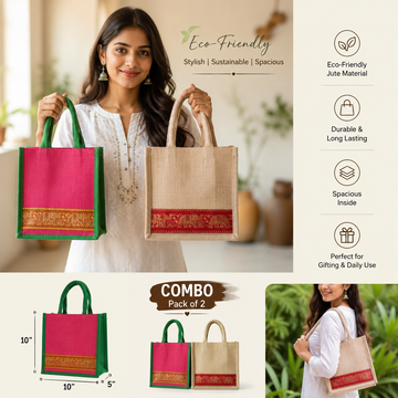 Eco Heritage Jute Tote Bag Combo – Pack of 2 | Reusable Gift & Shopping Bags