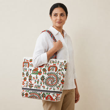 Tribal Warli Print Canvas Tote Bag with Braided Rope Handles | Eco-Friendly Shoulder Bag for Women