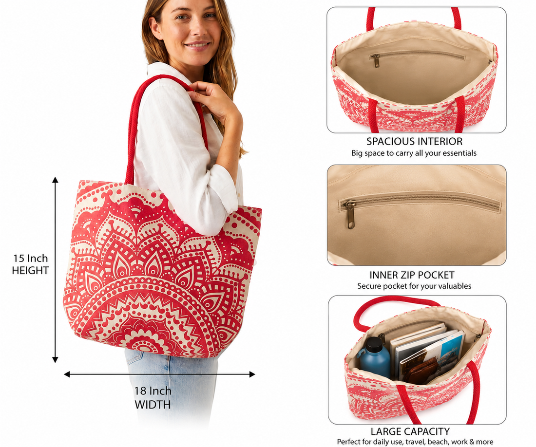 Elegant Red Mandala Printed Canvas Tote Bag | Reusable Shopping & Everyday Carry Bag