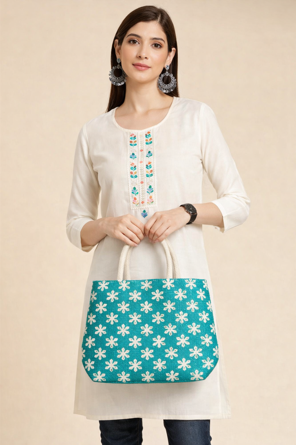 Elegant Floral Printed Jute Tote Bag – Stylish, Spacious & Eco-Friendly