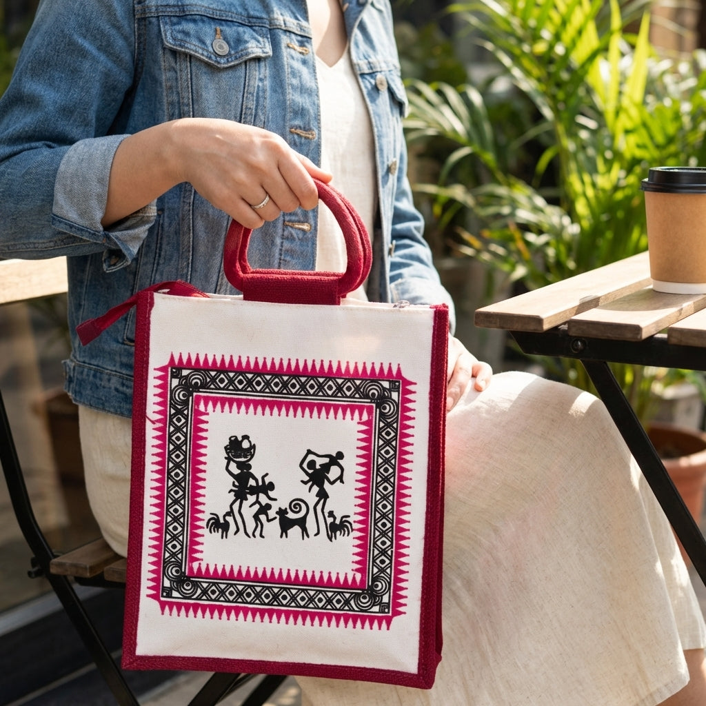 Warli Art Jute Tote Bag | Eco-Friendly Reusable Shopping &amp; Everyday Carry Bag